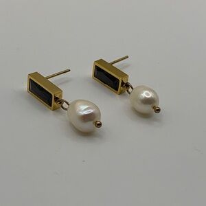 14K Gold Plated Black Rhinestone and Faux Pearl Earrings